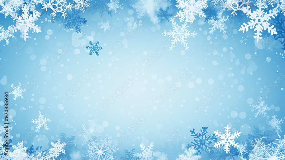 light blue winter background with blurred white snowflakes, watercolor Christmas greeting form, an empty copy space in the cold colors of winter light blue winter background with blurred white snowflakes, watercolor Christmas greeting form, an empty copy space in the cold colors of winter