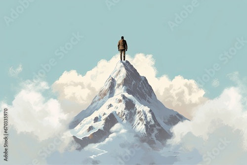 Mans Majestic Stand on a Snow Capped Mountain Peak