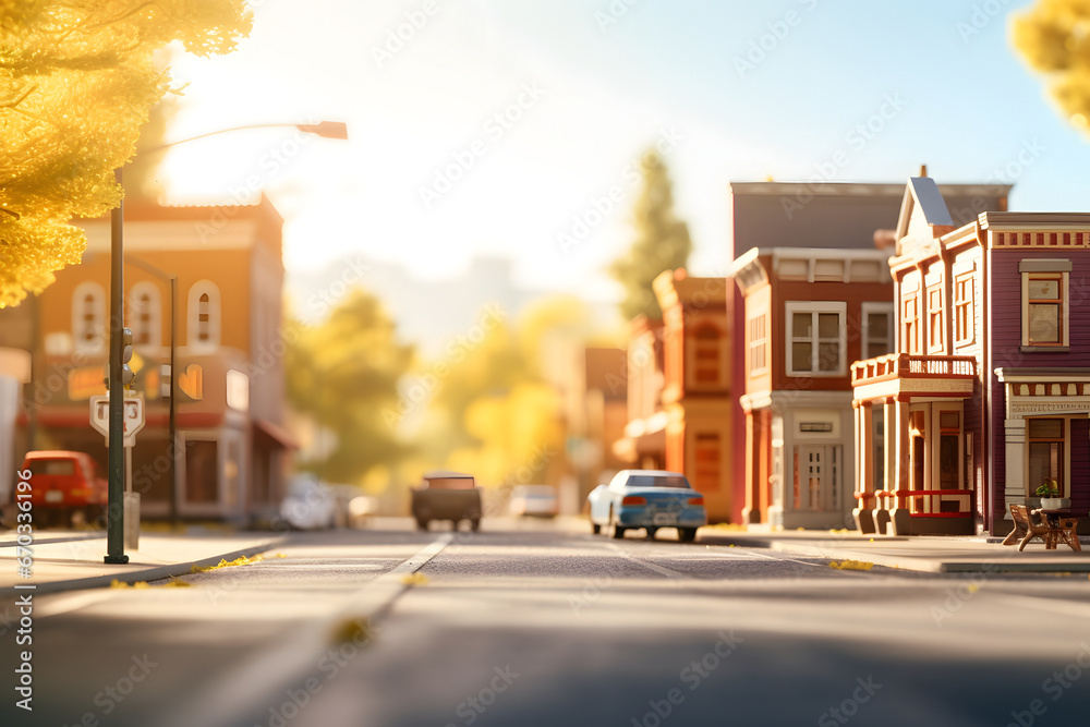 American toy town street view at sunny summer day. Neural network generated image. Not based on any actual scene.