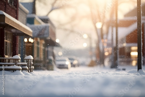 defocused view of small American town street at snowy winter evening. Neural network generated image. Not based on any actual scene.