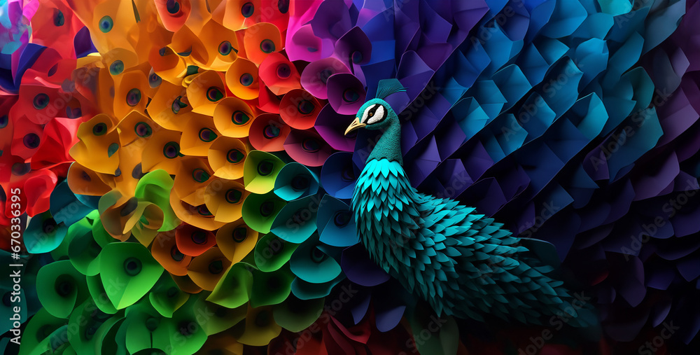 Alex Racoon Origami style wallpaper with colorful peacock origami - obrazy, fototapety, plakaty 
