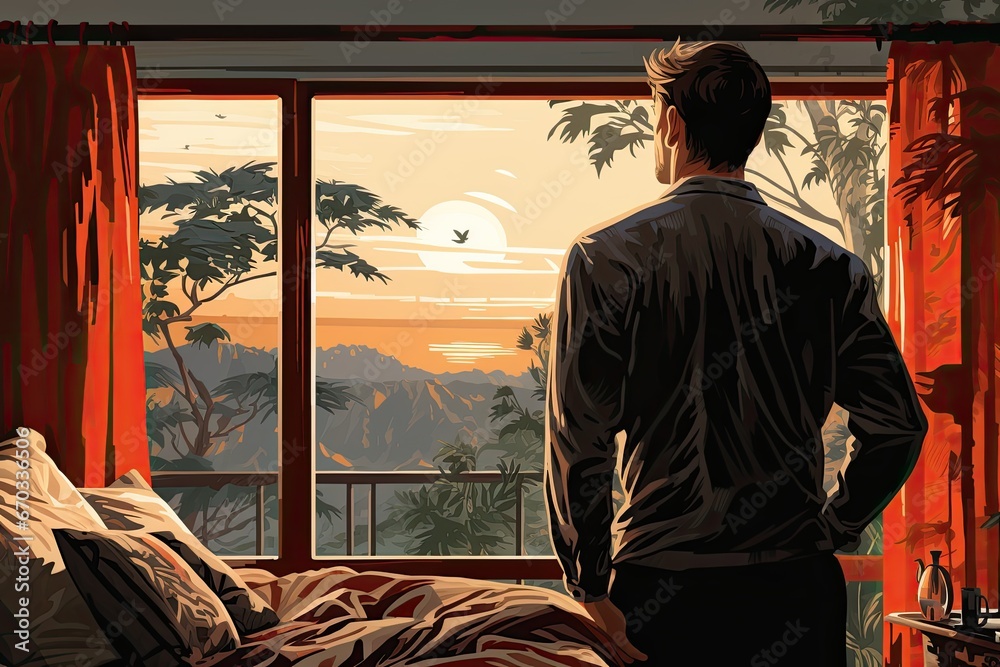 A Man Opens the Curtains in the Bedroom A Man Opens the Curtains in the Bedroom