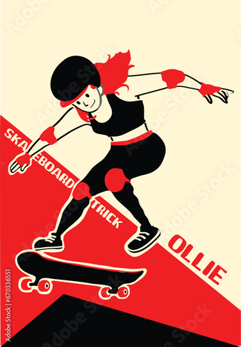 Girl with skateboard to Do Skateboard Tricks. Vector illustration.Cartoon character.