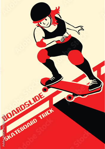 Girl with skateboard to Do Skateboard Tricks. Vector illustration.Cartoon character.
