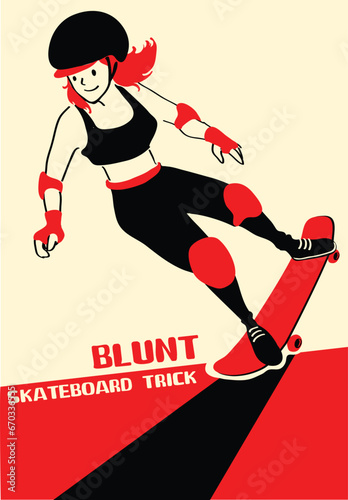 Girl with skateboard to Do Skateboard Tricks. Vector illustration.Cartoon character.