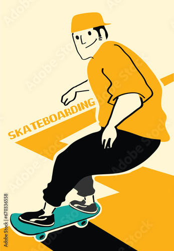 Man with skateboard to Do Skateboard Tricks. Vector illustration.Cartoon character.