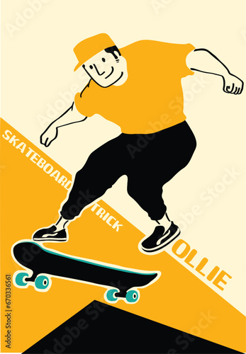 Man with skateboard to Do Skateboard Tricks. Vector illustration.Cartoon character.