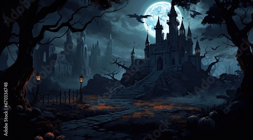 Halloween with tradition symbols. Pumpkins and dark castle on blue Moon background. © Goojournoon