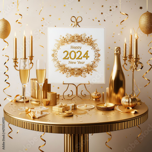 2024 on a card, golden champagne bottle and candles on top of the bar table.