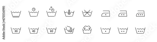 Laundry label tags set. Washing and ironing temperature, hand and no wash. Pixel perfect, editable stroke icons