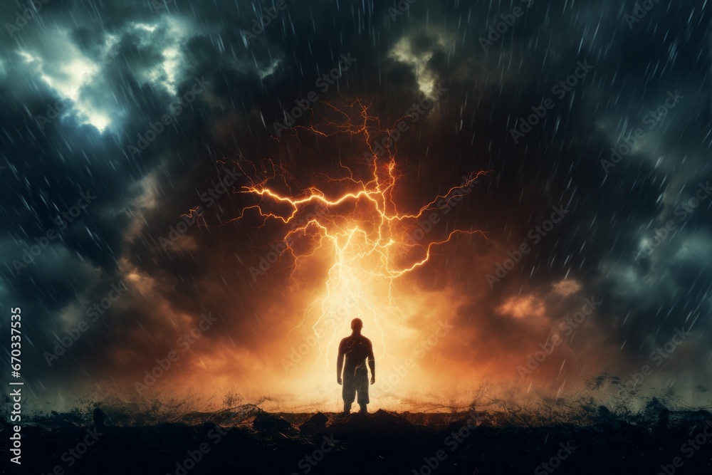A person's silhouette in a thunderstorm, illustrating inner turmoil