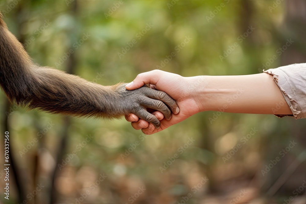Human Hand Shaking Hands with Monkey Hand Human Hand Shaking Hands with Monkey Hand