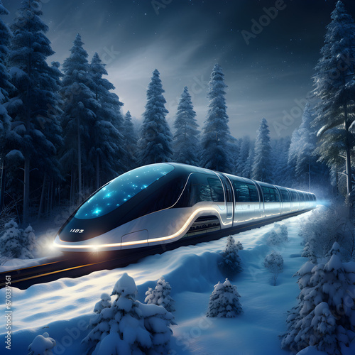 High speed bullet train in the snowy forest during winter. 