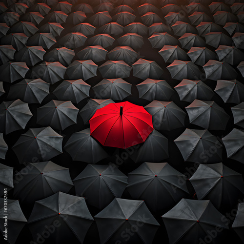 Black umbrellas with one red umbrella. 