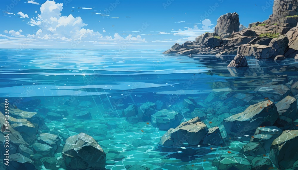 Illustration of Clear Blue Green Sea with Rock Formation