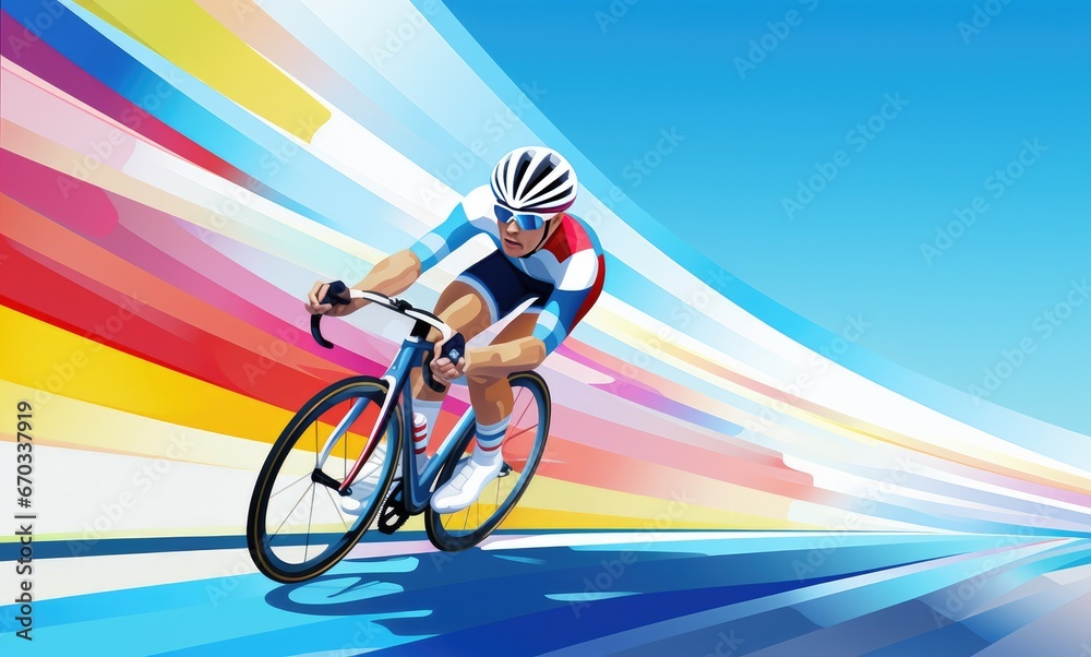 Fototapeta premium Cyclist on a track in front of a blue sky.