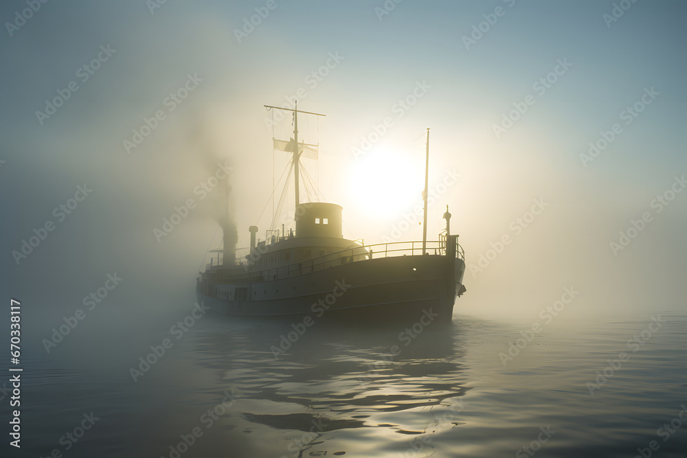 spectral ghost ship at foggy morning or evening. Neural network generated image. Not based on any actual person or scene. spectral ghost ship at foggy morning or evening. Neural network generated image. Not based on any actual person or scene.