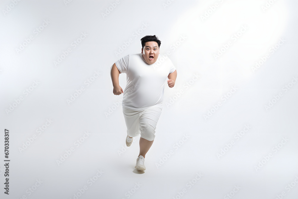 Overweight young adult Asian man running on white background, concept of overweight and weight loss. Neural network generated image. Not based on any actual person or scene. Overweight young adult Asian man running on white background, concept of overweight and weight loss. Neural network generated image. Not based on any actual person or scene.