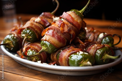 A close up of bacon wrapped stuffed jalapenos food photo