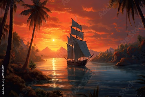 Serene Tropical Landscape with Sailboat