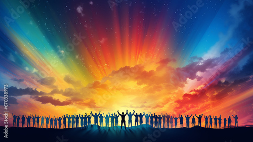 row of silhouettes of people standing under rainbow.  illustration multicolor spectrum background copy space peace and freedom photo