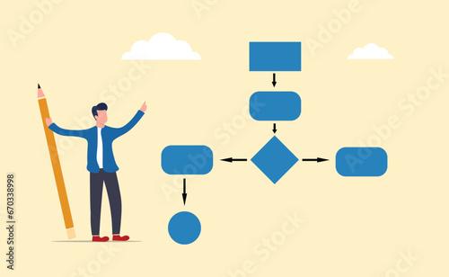 workflow diagram or model design, flow diagram to get results, map or plan of business procedures, solutions, strategies to implement concepts, business people drawing workflow processes.