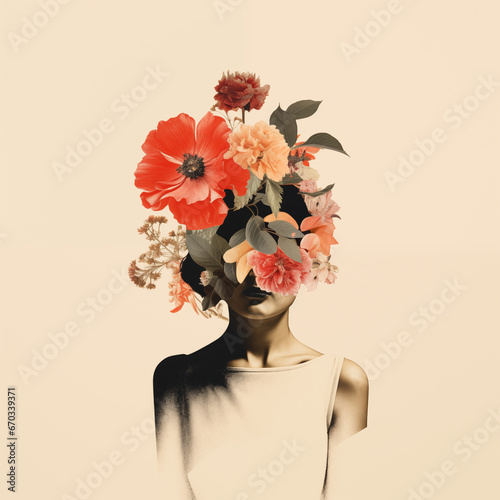 Vintage collage image of a woman with flowers on her head, postcard, creative art. Generated by AI © Tata Che