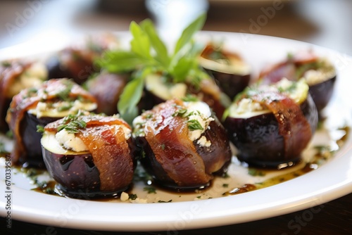 Bacon wrapped figs stuffed with goat cheese, a gourmet appetizer