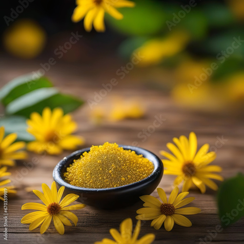 Flores amarillas y un pequeño recipiente con polen 