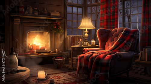 A snug living room with a crackling fireplace, a chair adorned with a woolen blanket, and a steaming mug of tea photo
