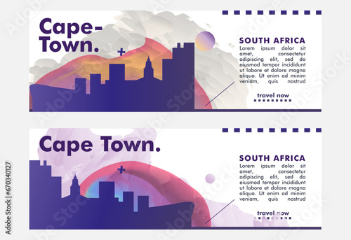 Cape Town city banner pack with abstract shapes of skyline, cityscape, landmark. South Africa travel vector horizontal illustration layout set for brochure, website, page, presentation, header, footer