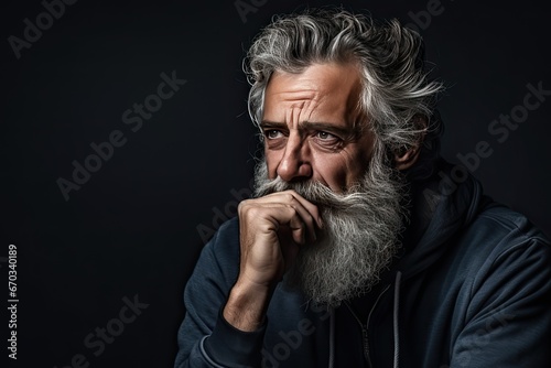 Portrait of an elderly man with a large gray beard and lush hair on his head with a thoughtful look. Dark background.Generated by AI. © index74