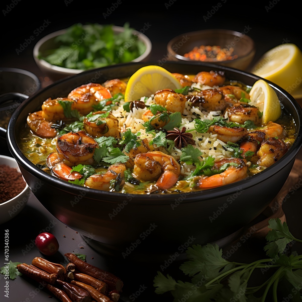 Stew with vegetables, Seafood rice, shrimp and rice, Generative AI Stew with vegetables, Seafood rice, shrimp and rice, Generative AI