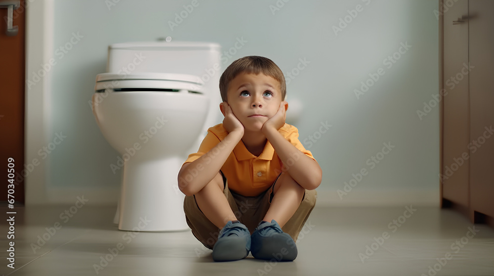 A boy suffering from hemorrhoids is sitting on the floor next to the