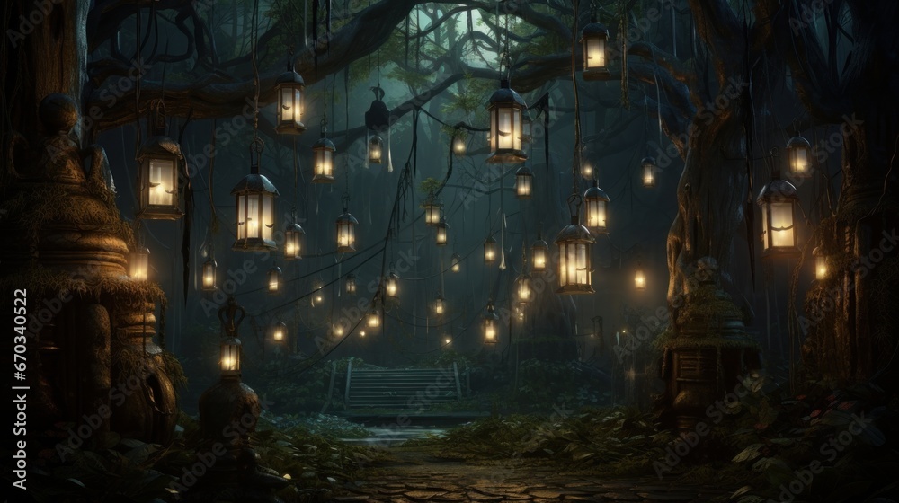 Dark and mysterious forest with twinkling fairy lights and hanging lanterns, creating an enchanting Halloween atmosphere