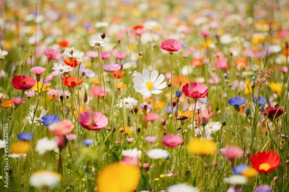 Delicate wildflowers creating a colorful carpet in a meadow