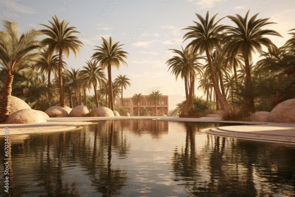 Desert oasis with palm trees and a serene reflecting pool