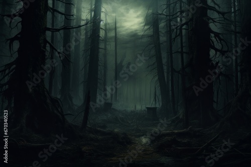 Deep, dark forest with towering trees creating an otherworldly ambiance