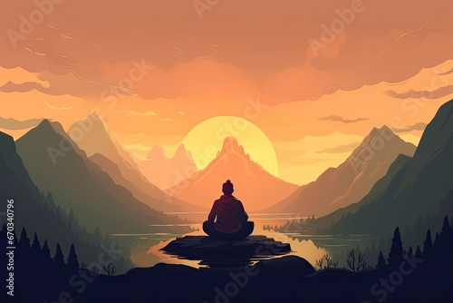 Man Achieving Inner Balance through Yoga in Mountain Sunsets © Supardi