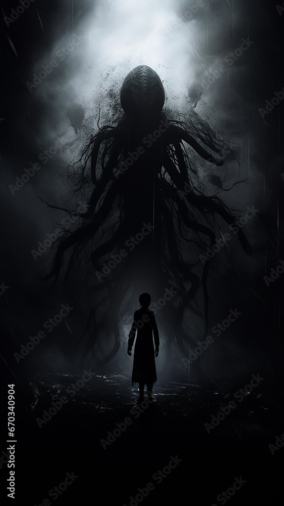 vertical view of a creature from the darkness, the horror of an ancient forest, a fantastic terrible fictional creature symbolizing phobia and fear vertical view of a creature from the darkness, the horror of an ancient forest, a fantastic terrible fictional creature symbolizing phobia and fear