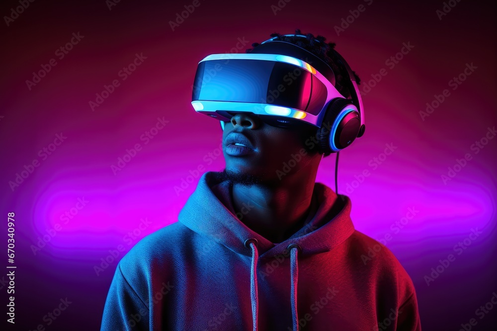 Man wearing a virtual reality headset and a colored backdrop. Man wearing a virtual reality headset and a colored backdrop.