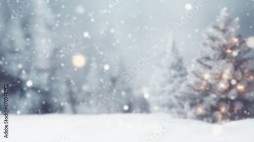blur Christmas tree with white snow falling background with copy space for festive winter holiday seasonal banner and card design © piggu