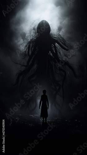 vertical view of a creature from the darkness, the horror of an ancient forest, a fantastic terrible fictional creature symbolizing phobia and fear