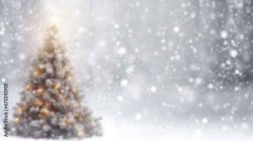 blur Christmas tree with white snow falling background with copy space for festive winter holiday seasonal banner and card design