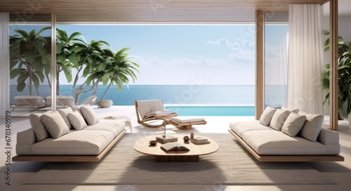 Modern living room overlooking the ocean and white couches with tropical landscapes. © Goojournoon