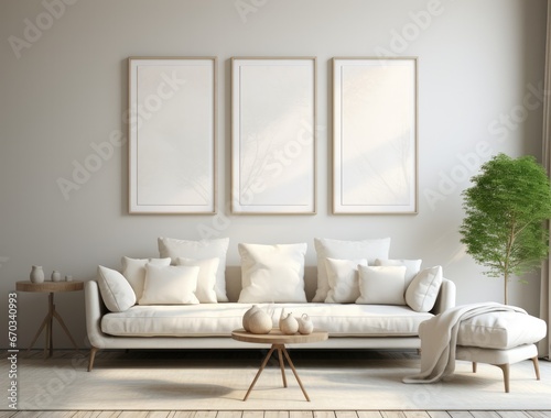 Modern living room with white furniture and three white frames mockup.