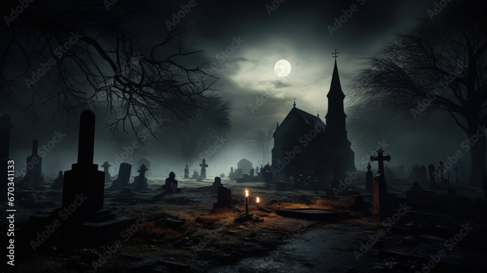 Fog-covered cemetery with moonlight casting eerie shadows, capturing the haunting beauty of Halloween night