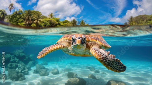 Turtle swimming in a serene ocean landscape with beautiful natural elements