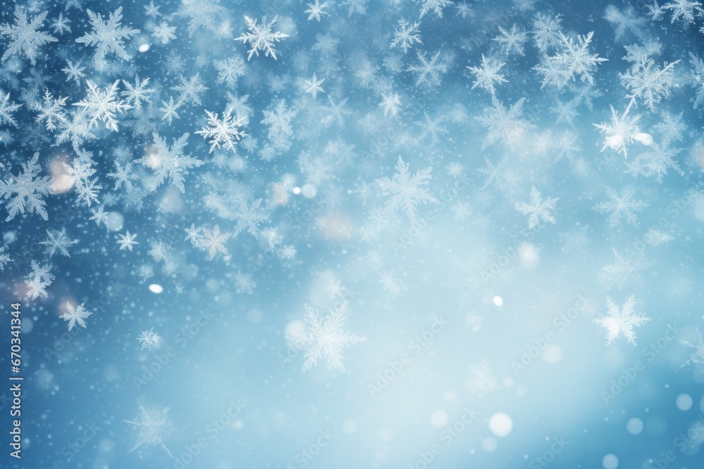 Icy blue background with glistening snowflakes falling gently.