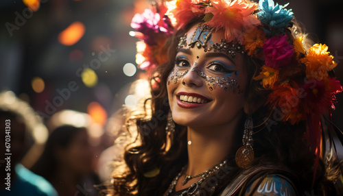 Smiling young woman enjoys traditional festival, embracing joy and beauty generated by AI